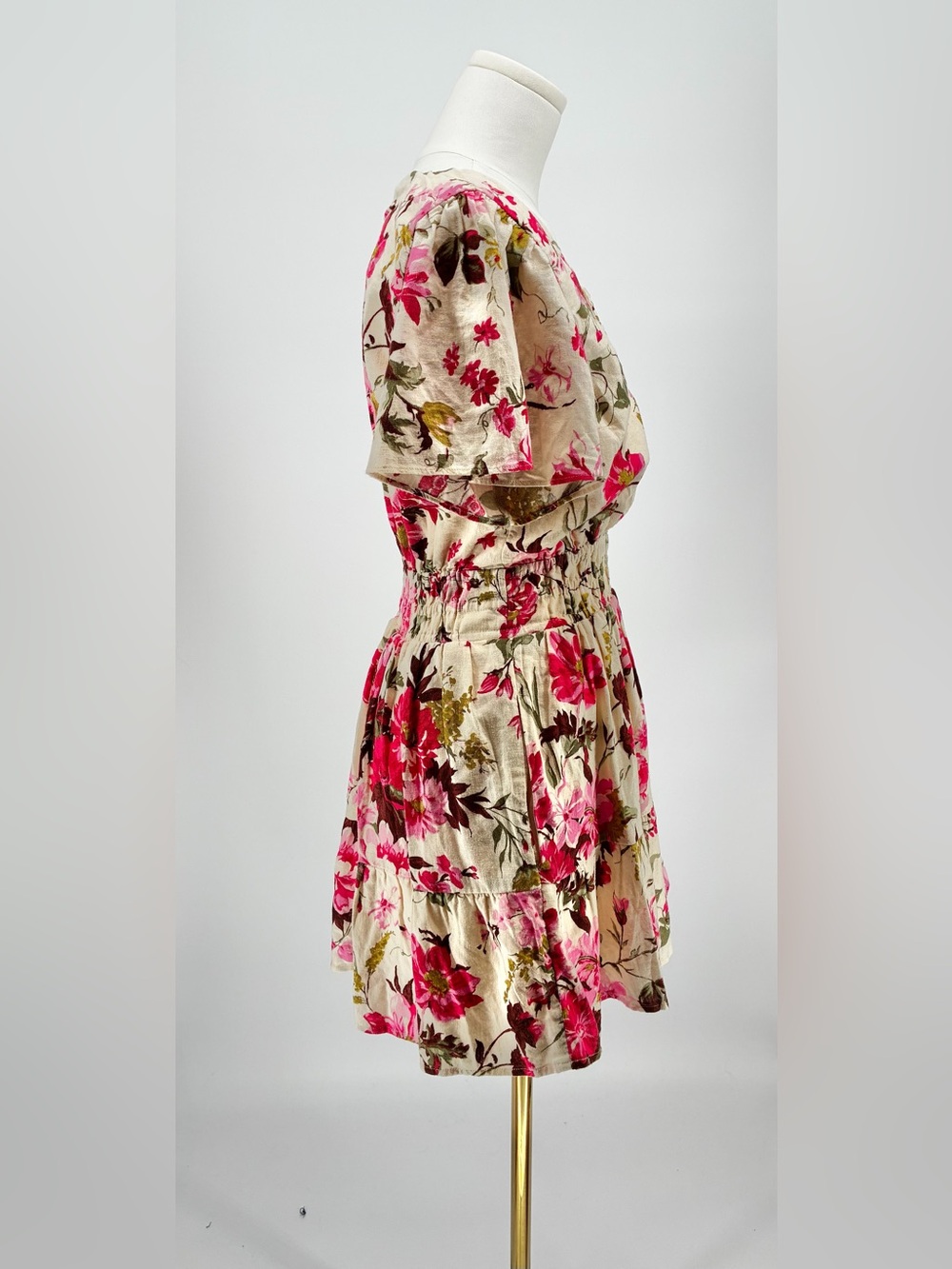 Abercrombie Floral Smocked Waist Linen Blend Flutter Sleeve Tiered Mini Dress SP - Picture 7 of 13